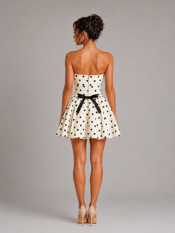 Close-up of the elegant polka dot pattern on a stylish strapless homecoming mini dress fabric.