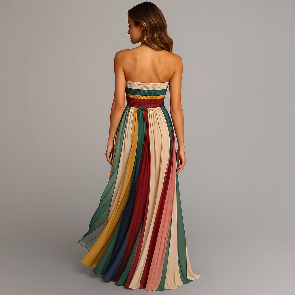 Vibrant women's strapless rainbow pleated maxi dress. A stunning, colorful flowy gown for elegant summer occasions.