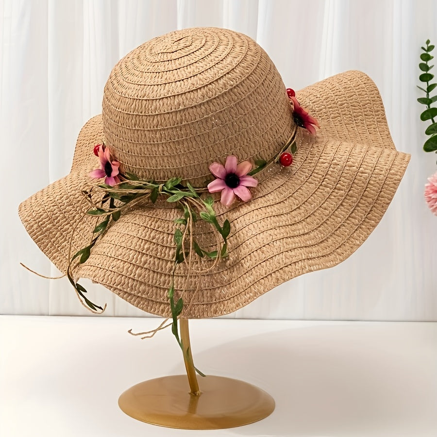 Women's straw hat for summer, decorated with colorful floral and fruit details.