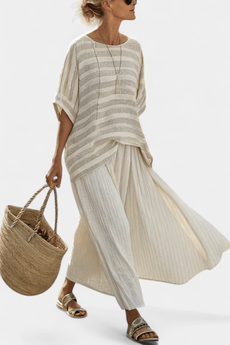 Women's striped batwing top & flowy maxi skirt set. Perfect for summer, coastal style, or a casual chic vacation outfit.