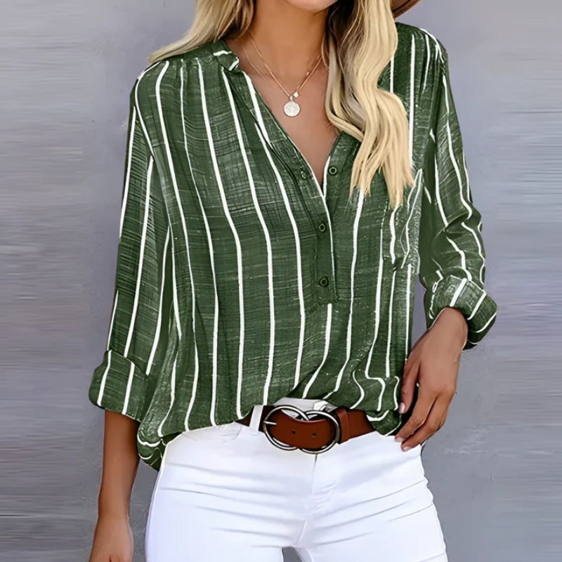 Chic women's striped button-front blouse; a long sleeve, relaxed fit top for effortless summer style & casual fashion.