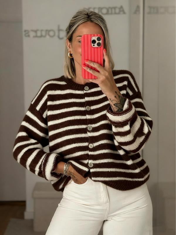 Women's striped button-front cardigan. Relaxed fit, long-sleeve, V-neck, perfect for stylish layering.