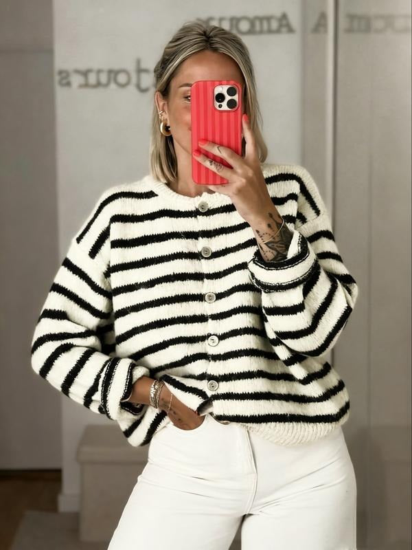 Chic women's V-neck striped cardigan, featuring a button-front and long-sleeves. Great for effortless casual layering.