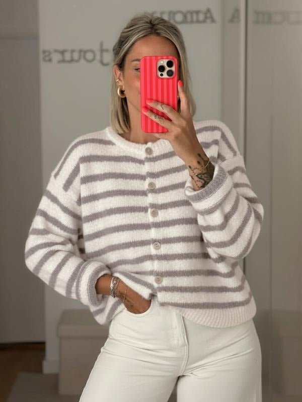 Women's V-neck striped button-front cardigan. Long-sleeve, relaxed fit, perfect for comfortable and stylish everyday layering.