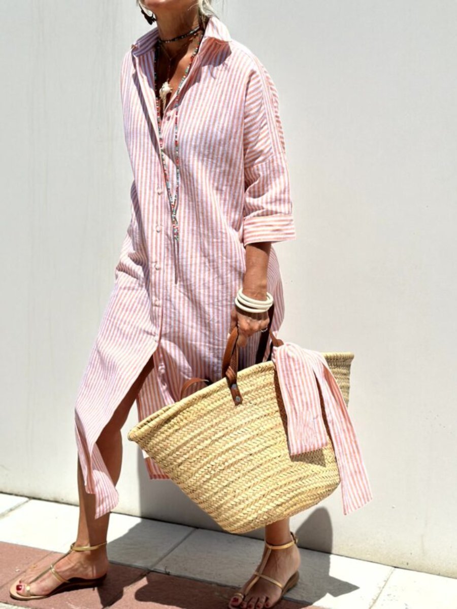 Women's striped button front midi shirt dress with a relaxed fit, perfect for casual everyday wear.