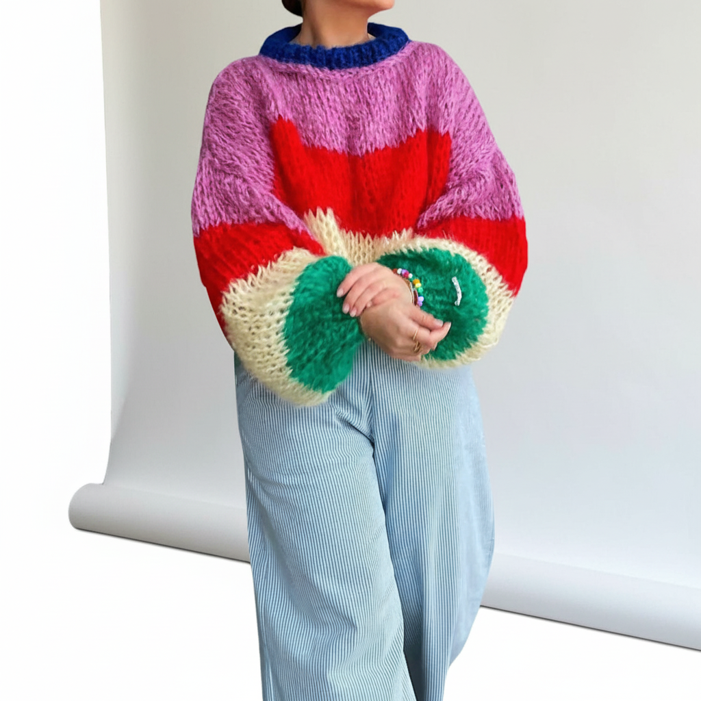 Casual striped sweater for women with wide blue and white stripes, great for everyday winter fashion.