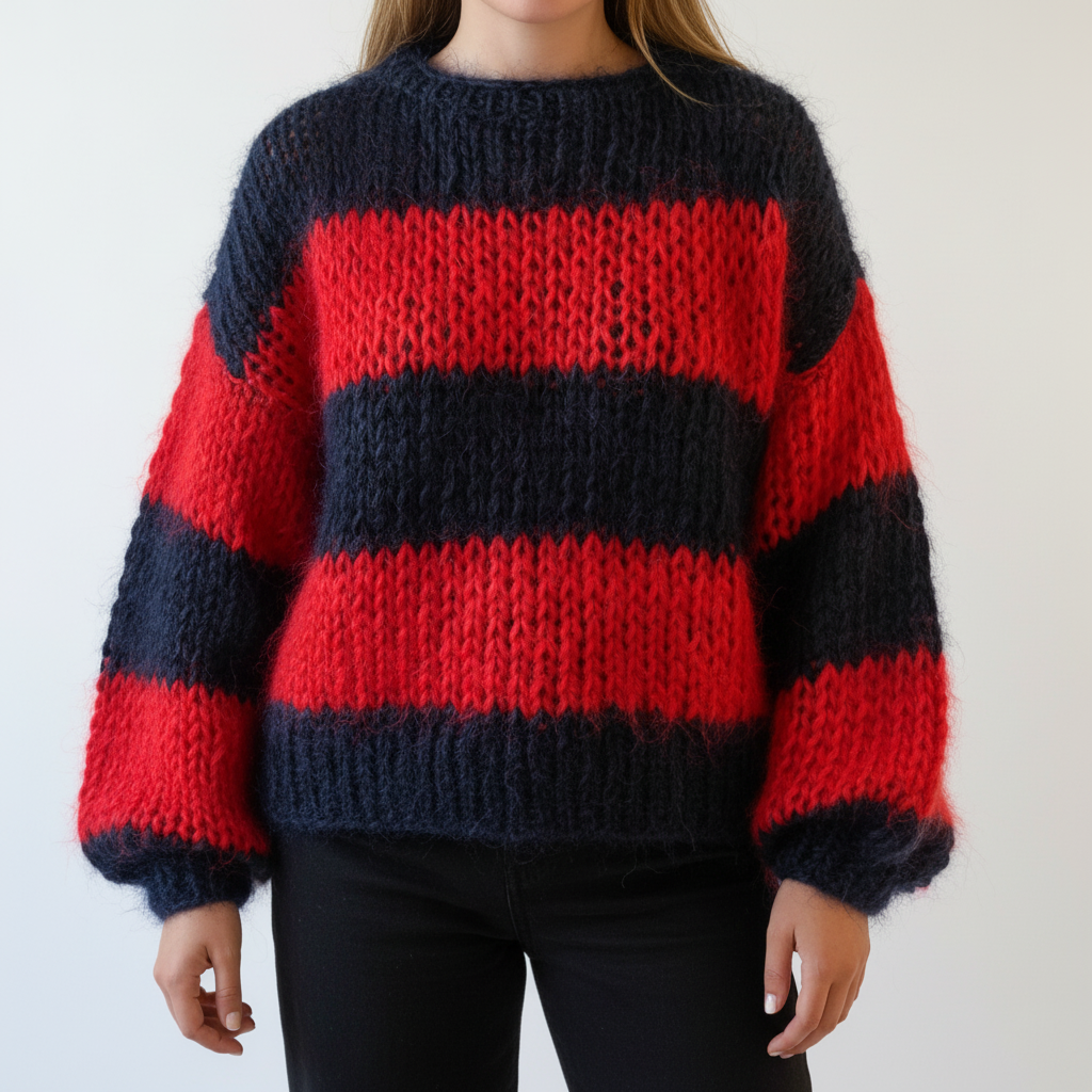 Knitted women's oversized sweater with a vibrant multi-color stripe pattern, making a bold fashion statement.