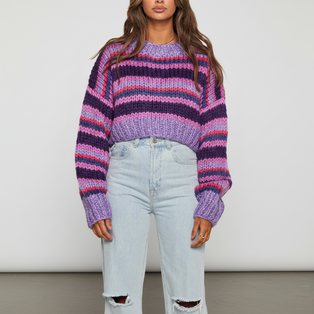 Elegant women's striped knitted sweater, showcasing fine gauge knit and subtle grey and cream stripes.