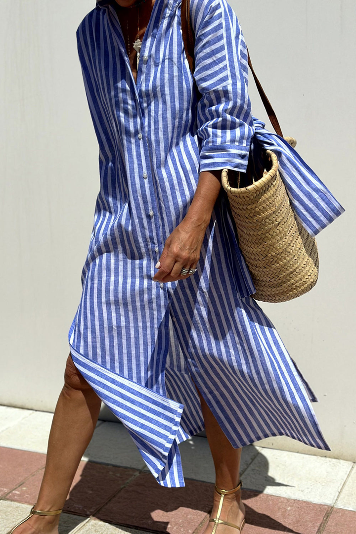 Lightweight striped midi dress with a button-down front and collar, a versatile women's summer fashion piece.