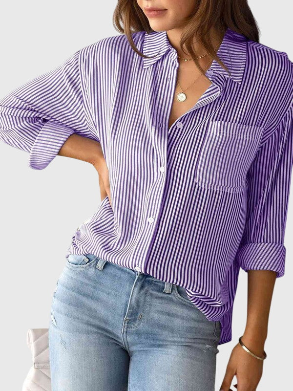 Women's striped button-down shirt, collared, long sleeve; a versatile top for daily fashion.