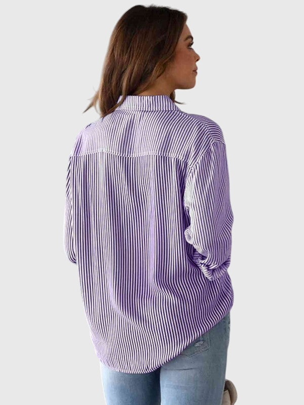 Workwear women's striped collared button-down shirt; long sleeve top for a polished look.