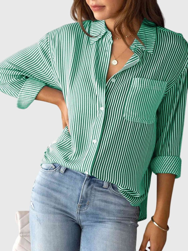 Everyday fashion women's striped button-down, collared, long sleeve shirt for versatile styling.