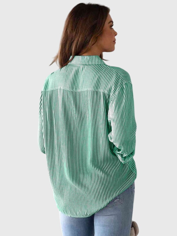 Comfortable women's striped long sleeve collared button-down shirt for casual elegance.