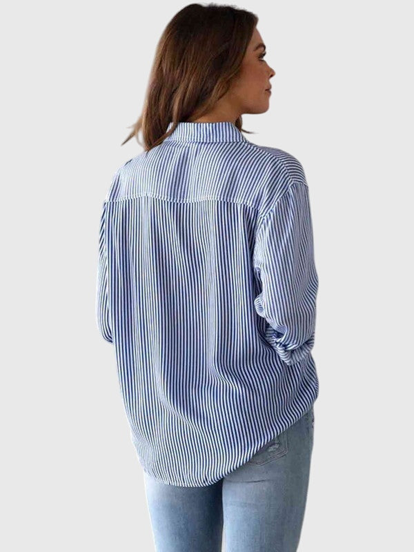Relaxed fit women's striped collared button-down shirt; long sleeve, perfect for everyday comfort.