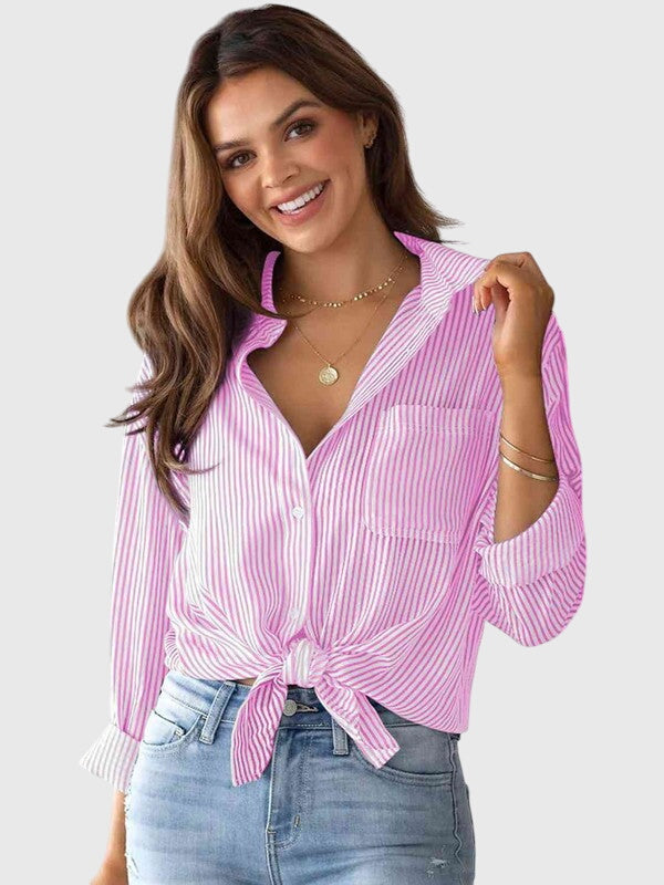 Women's casual chic striped collared button-down shirt, long sleeve, for effortless style.