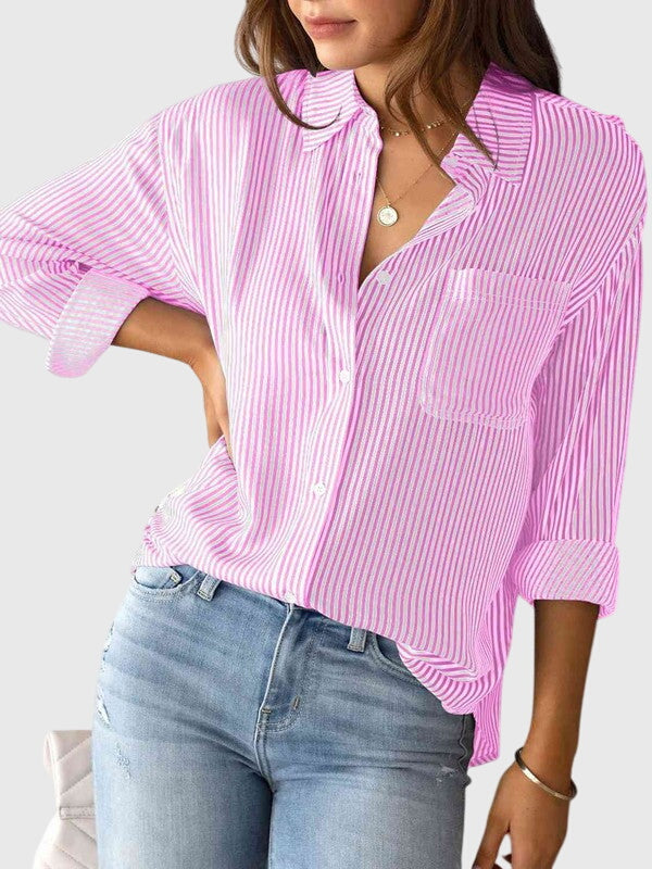 Versatile women's striped collared shirt; a comfy long sleeve button-down for any occasion.