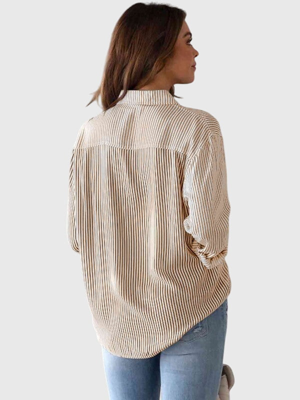 Everyday wear women's striped button-down top with a collar and long sleeves.