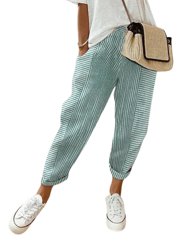 Stylish women's striped cotton trousers, soft & comfortable loose fit, ideal for summer casual wear.