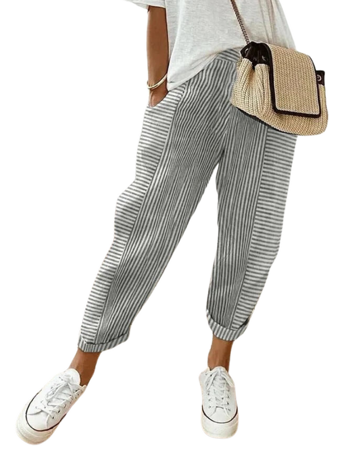 Versatile women's striped cotton trousers, relaxed silhouette, great for comfortable everyday style.