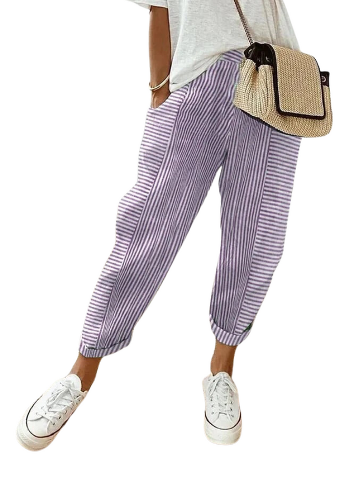 Women's high waist striped cotton pants, loose fit design for ultimate comfort & relaxed summer fashion.