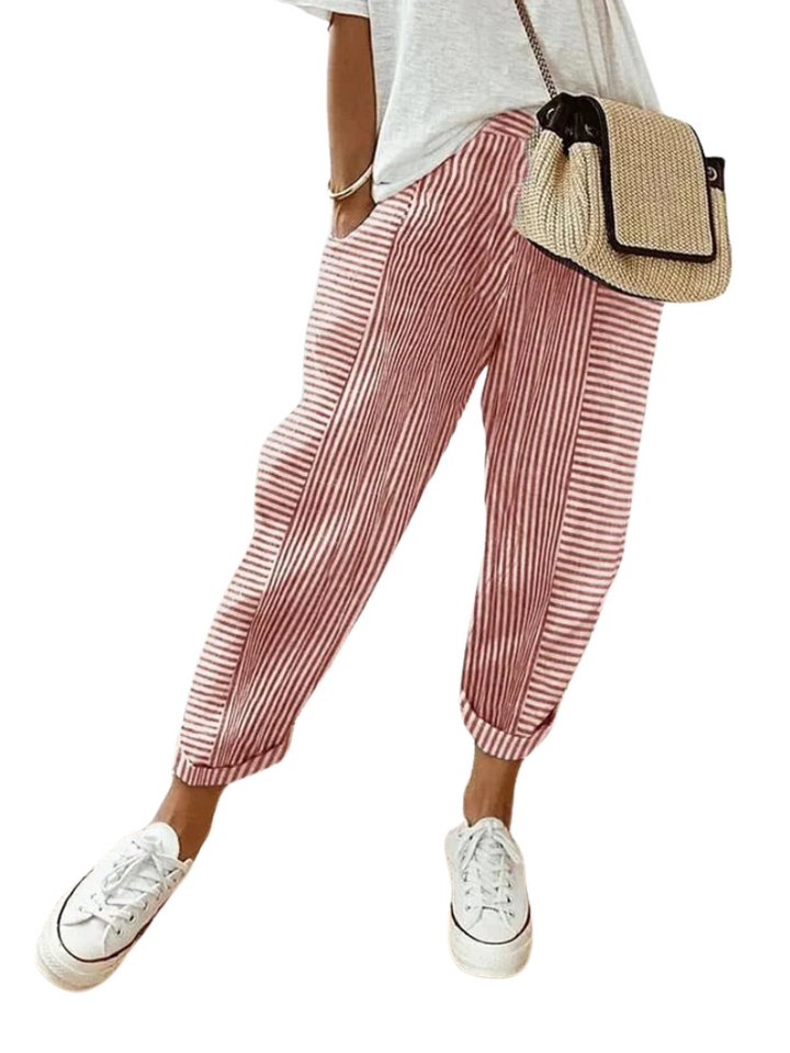 Casual women's striped cotton trousers, breathable fabric & loose fit for all-day comfort and style.