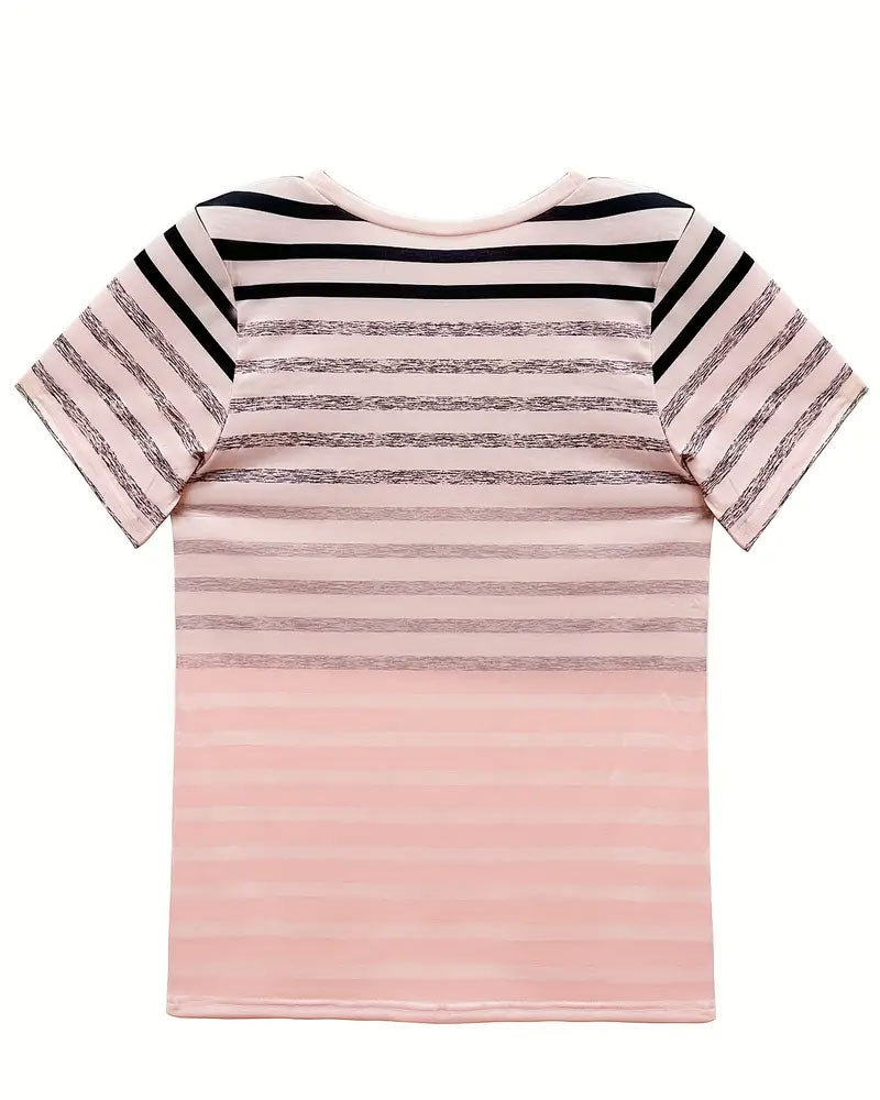Stylish ladies short sleeve tee featuring a trendy striped gradient design and round neckline.