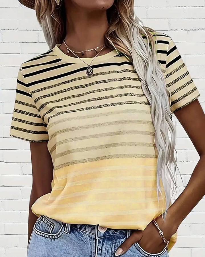 Chic women's striped gradient tee with a round neckline, perfect for versatile summer fashion.