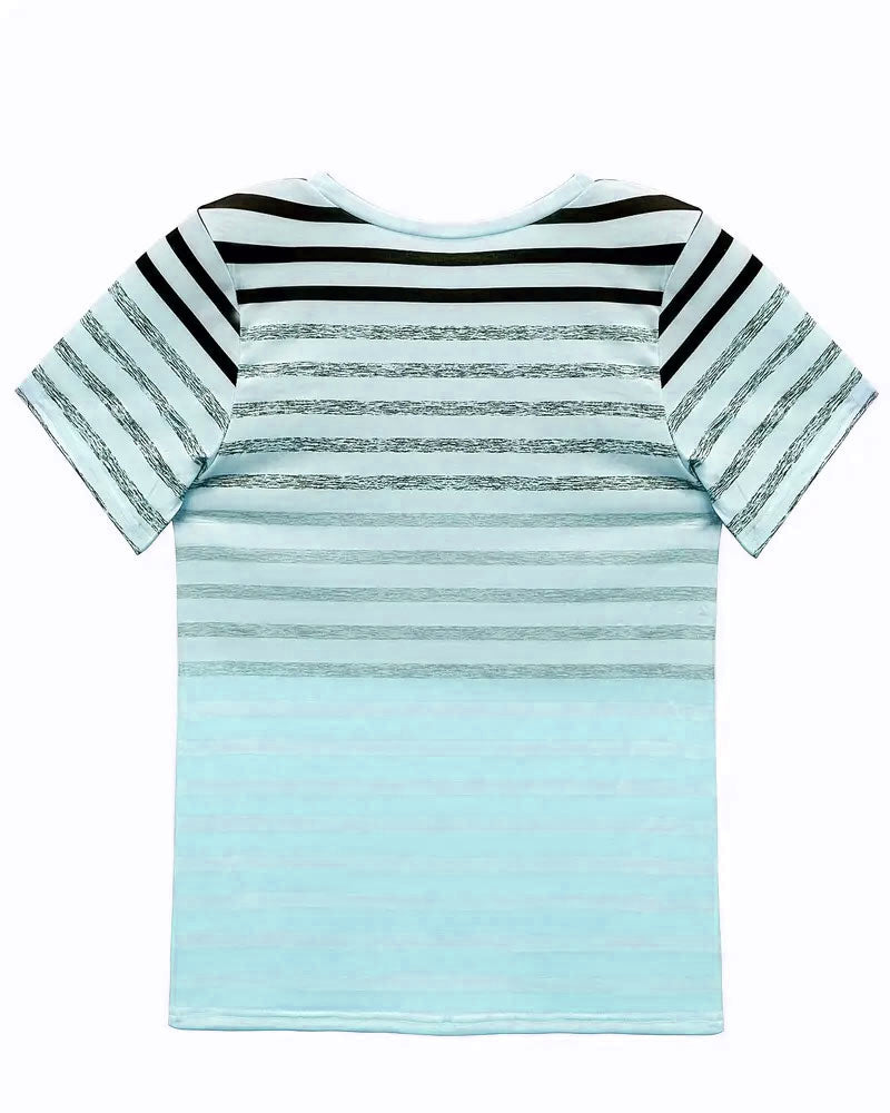 Trendy women's round neck t-shirt with a beautiful striped gradient pattern. Short sleeve comfort.