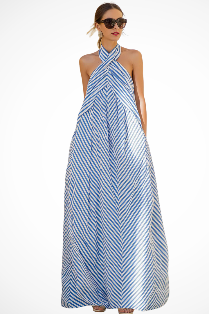 Women's striped halter neck maxi dress. Flowing summer sundress with a relaxed A-line fit.