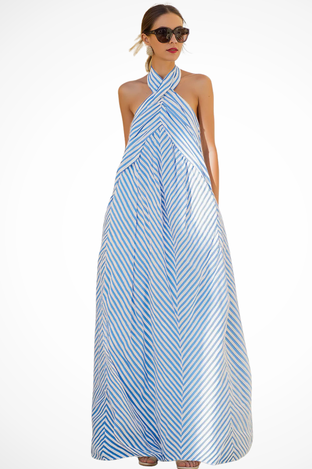 Flowing women's striped halter neck maxi dress. Relaxed fit sundress, perfect for summer comfort and style.