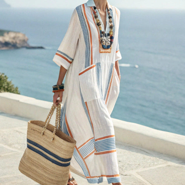 Women's striped kimono maxi dress, perfect for beach & vacation. Loose fit, bohemian V-neck summer resort wear kaftan.