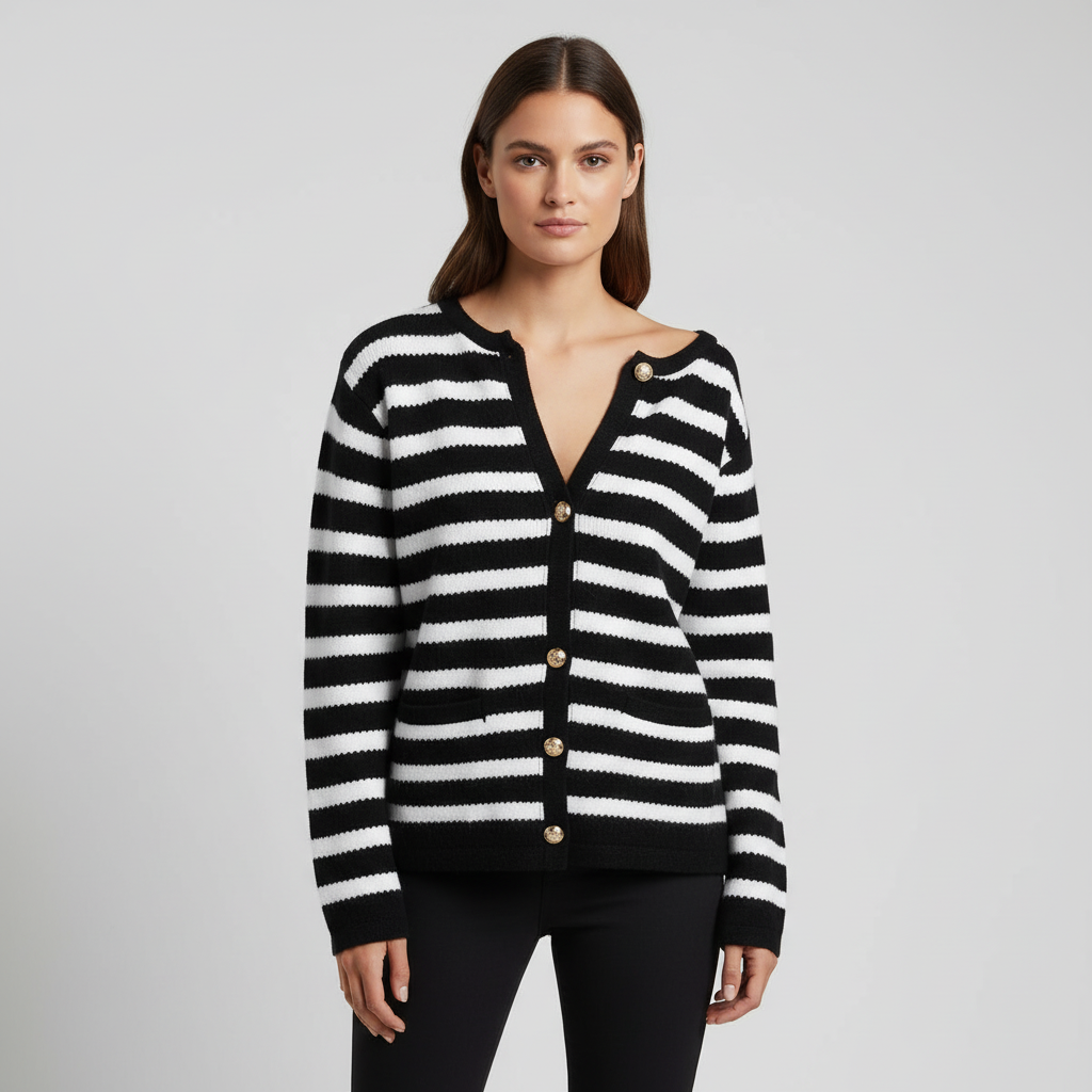 Elegant women's knit cardigan featuring horizontal stripes and shining gold button details, ideal for fall.