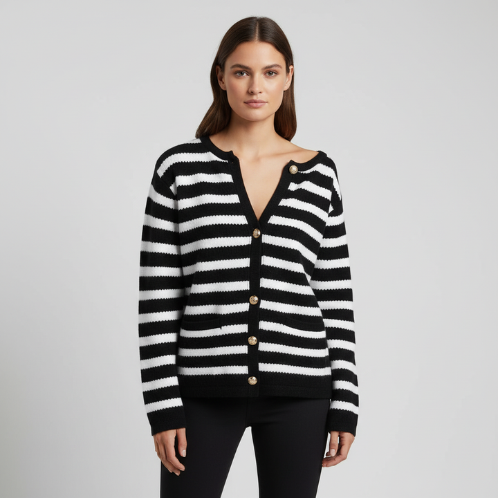 Elegant women's knit cardigan featuring horizontal stripes and shining gold button details, ideal for fall.