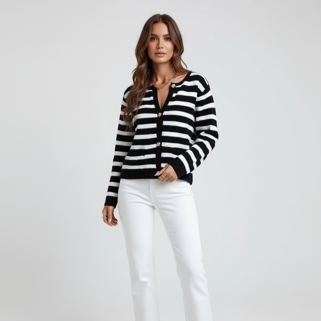 Casual yet chic women's striped knitwear cardigan with distinctive gold buttons, suitable for daily wear.