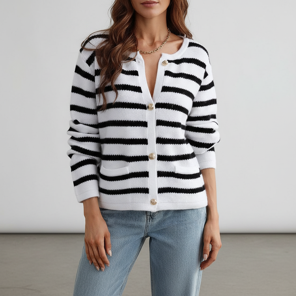 Warm winter sweater: women's striped cardigan, knit, with sophisticated gold buttons.