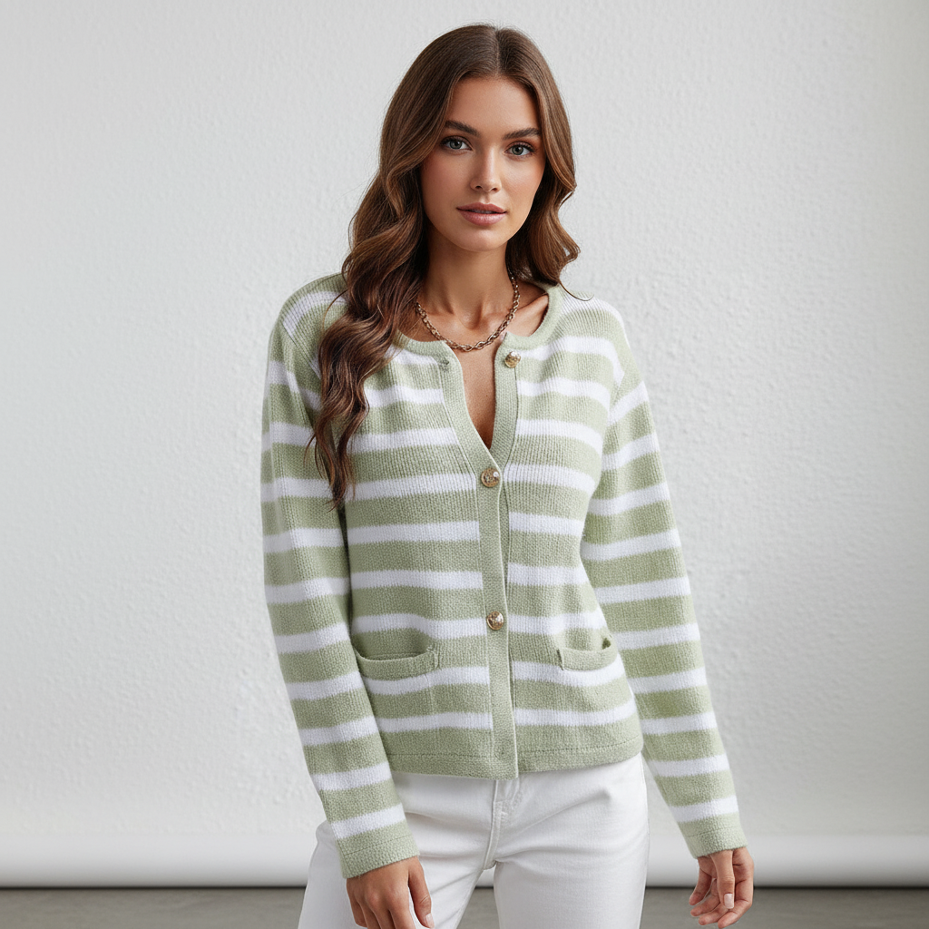 Women's versatile striped knit cardigan from the Miriam collection, with gold buttons, for elegant autumn looks.