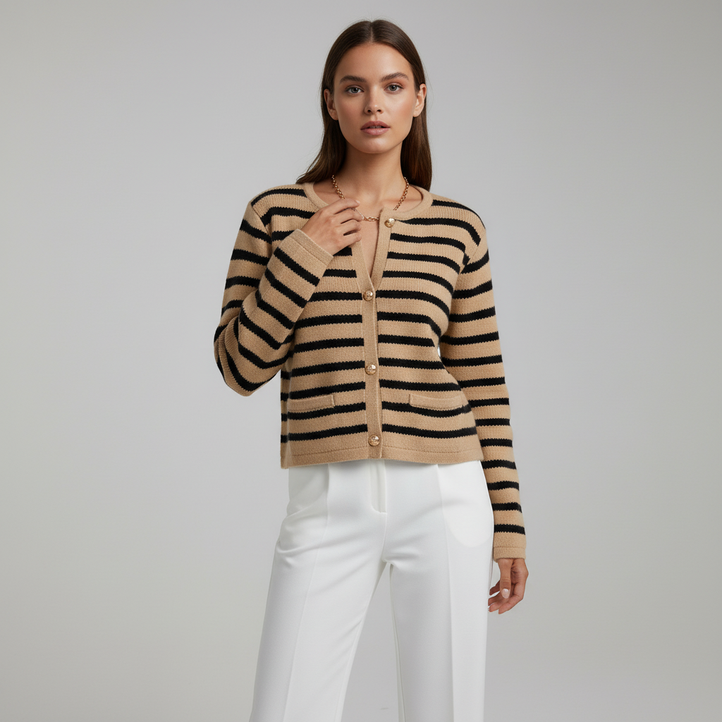 Stylish women's outerwear: a striped knit cardigan with an elegant button-down design and gold accents.
