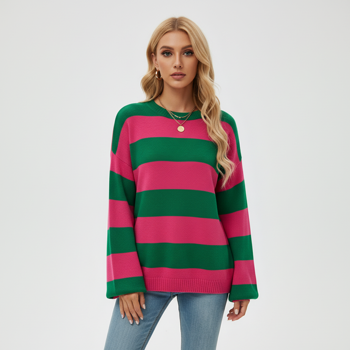 Full shot of women's striped knit cardigan sweater, ideal for autumn apparel layering