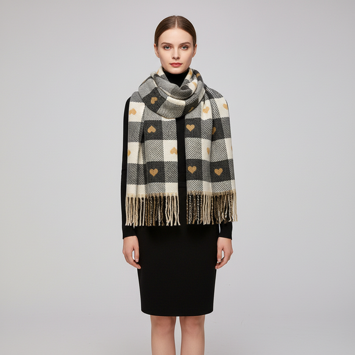 Close-up of a women's multicolored striped knit scarf, soft polyester, ideal for autumn fashion