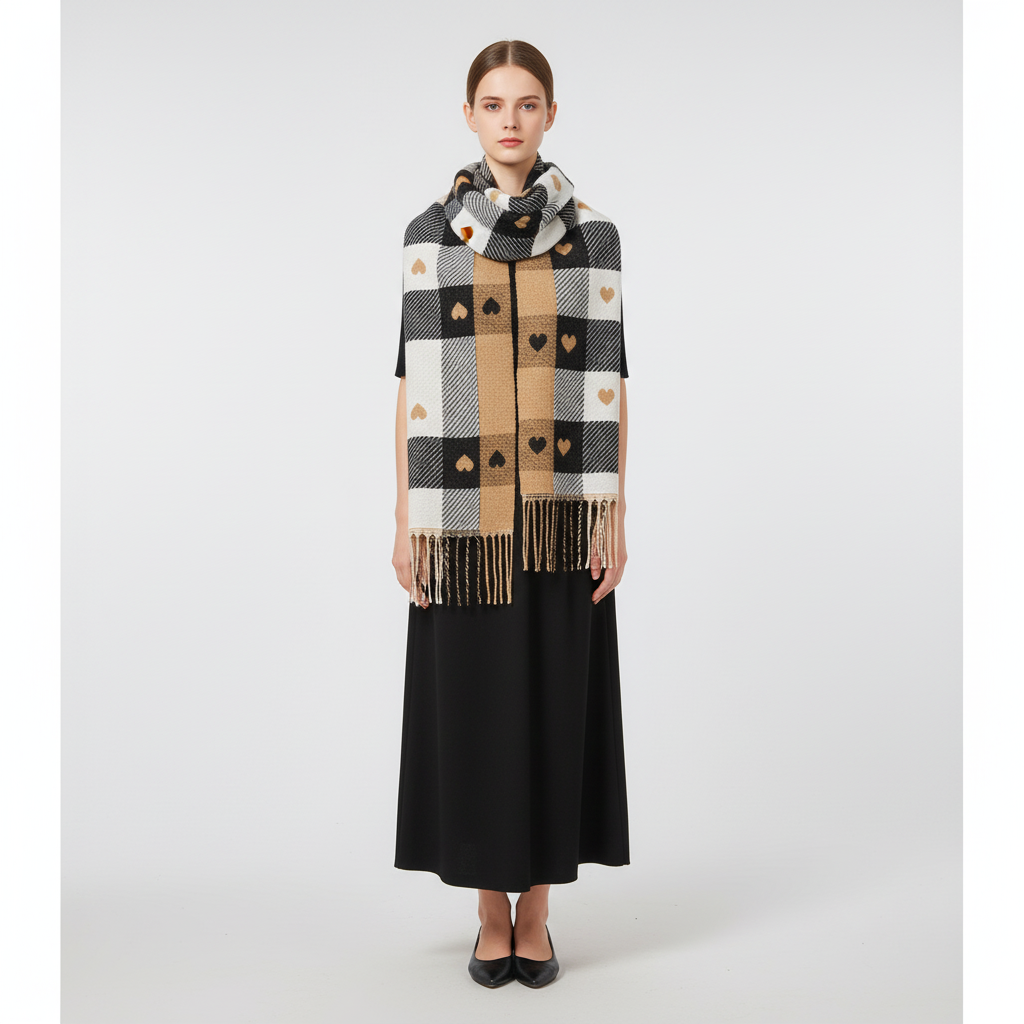 Stylish women's striped knit scarf draped, a perfect polyester accessory for autumn/winter outfits