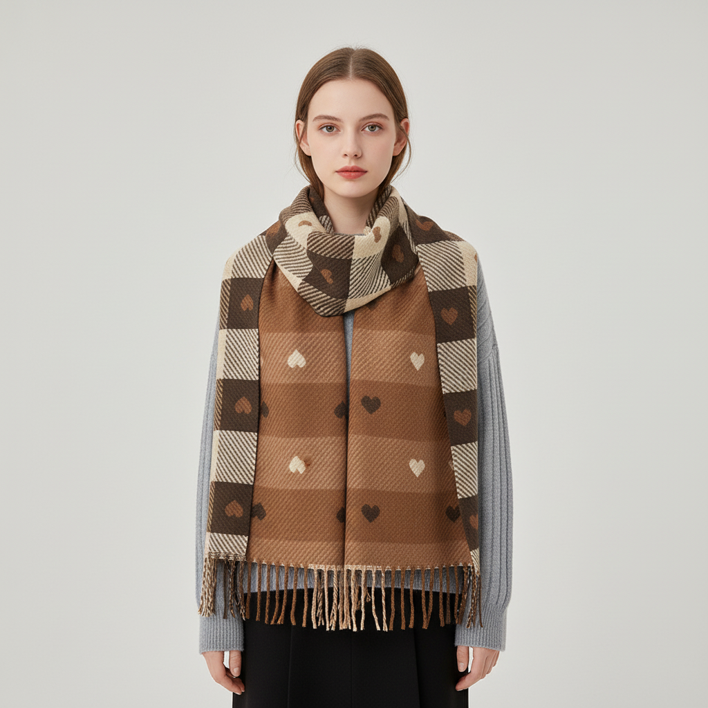 Detailed texture of a women's striped knit scarf, thick polyester, cozy and fashionable winter wear