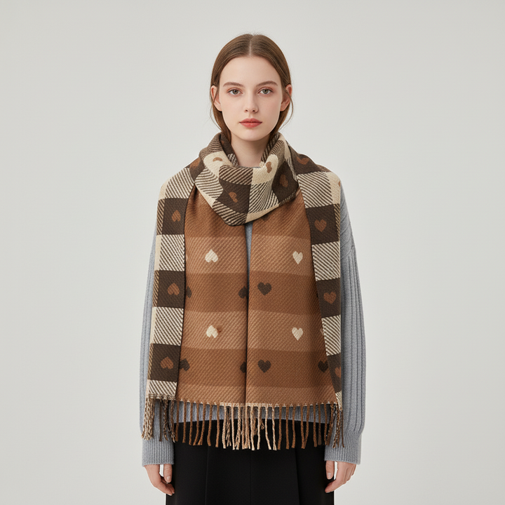 Detailed texture of a women's striped knit scarf, thick polyester, cozy and fashionable winter wear