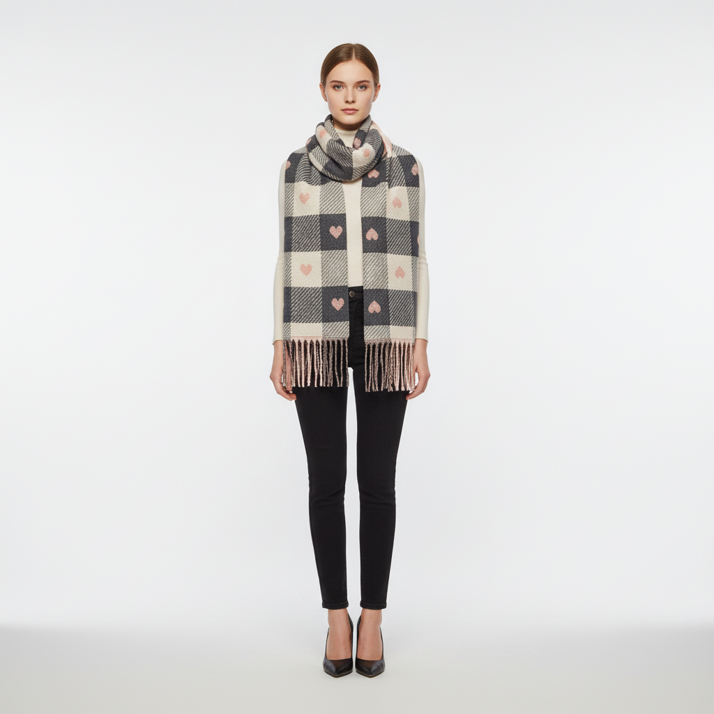 Woman wearing a HeartWarm striped knit polyester scarf, showcasing its cozy and windproof design