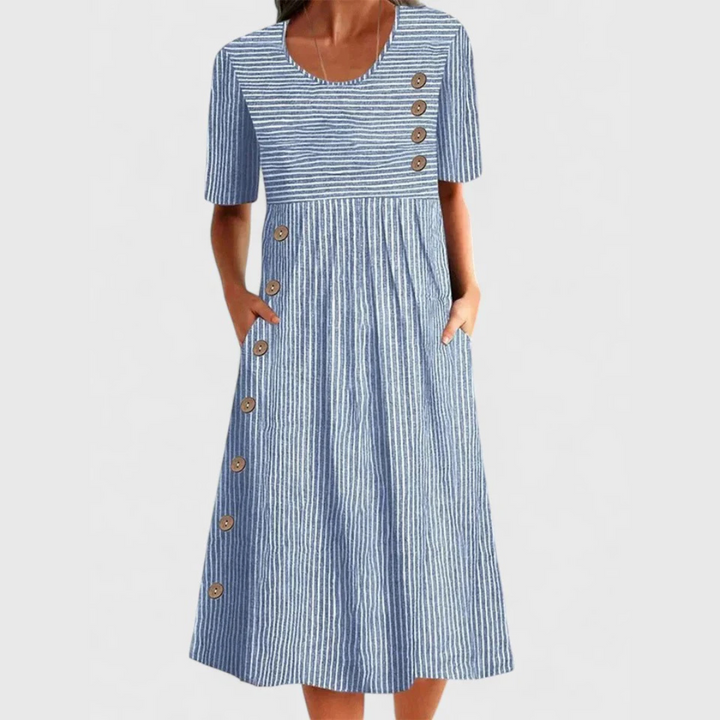 Women's striped midi dress with functional button detail. Casual, comfortable, and chic for summer daily wear.