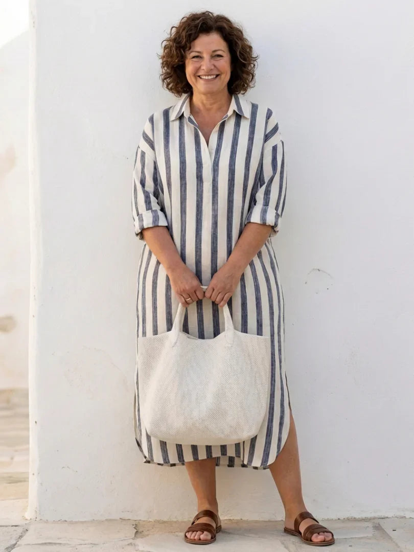 Elegant women's long sleeve striped midi shirt dress. Versatile for office, casual outings, or stylish travel.