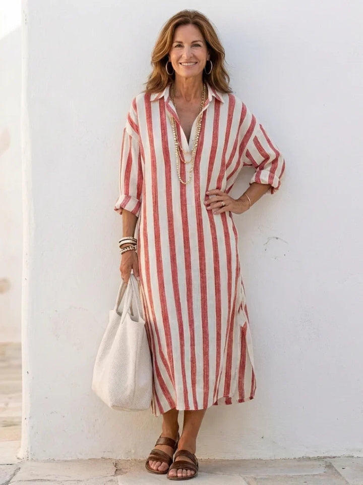 Casual women's striped midi shirt dress, long sleeve. Ideal for travel, everyday style, or comfortable summer wear.