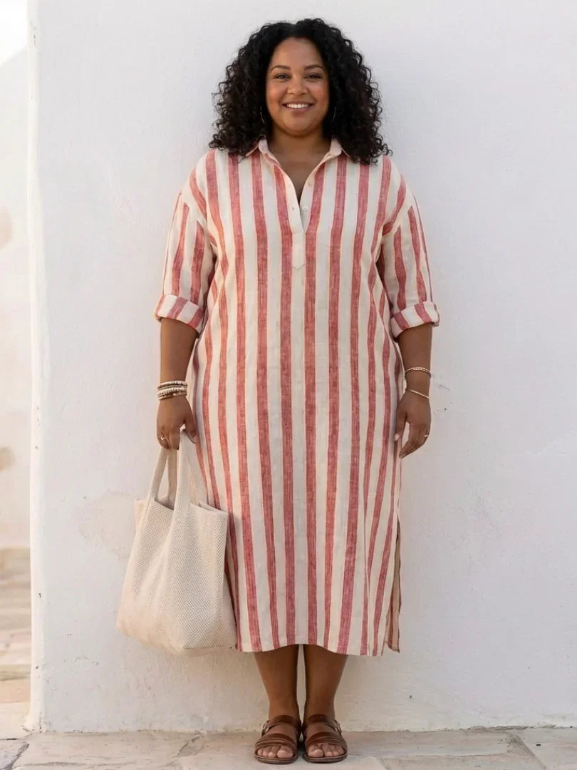 Flattering striped midi shirt dress for women, featuring long sleeves & a chic button-front. Great for any occasion.