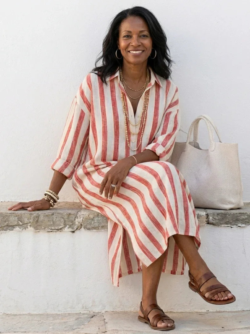 Stylish women's long sleeve striped midi dress. A comfortable, relaxed fit shirt dress for spring & summer fashion.