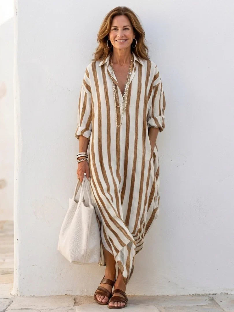 Versatile striped long sleeve midi shirt dress for women. Effortlessly transitions from casual to elegant office wear.