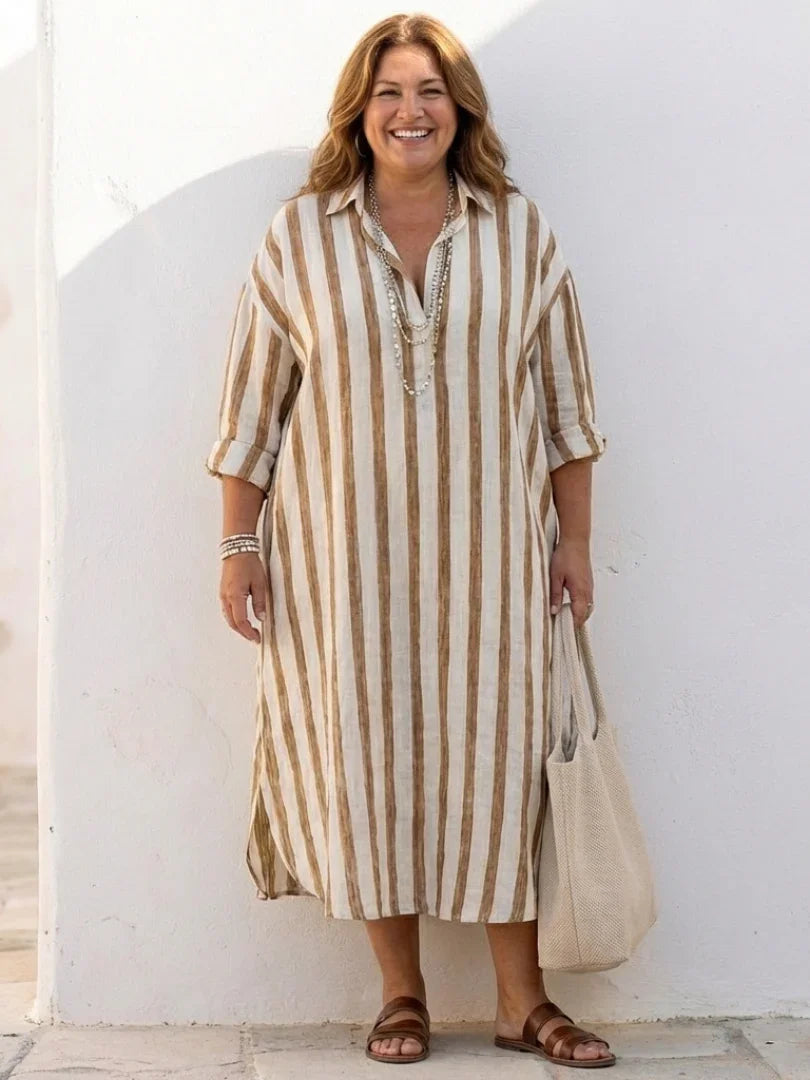 Women's striped midi shirt dress with long sleeves, offering a comfortable relaxed fit & chic everyday style.